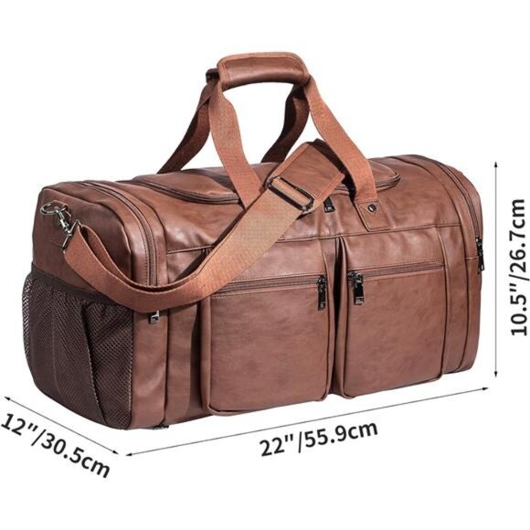 Leather Travel Bag with Shoe Pouch,Weekender Overnight Bag Waterproof Leather - Picture 4 of 7